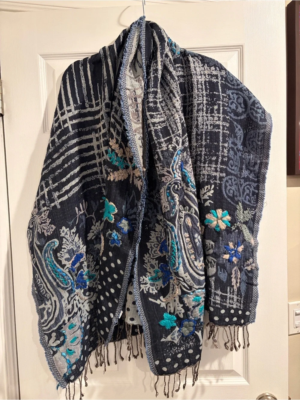 World Market Navy Blue Floral Patchwork Scarf